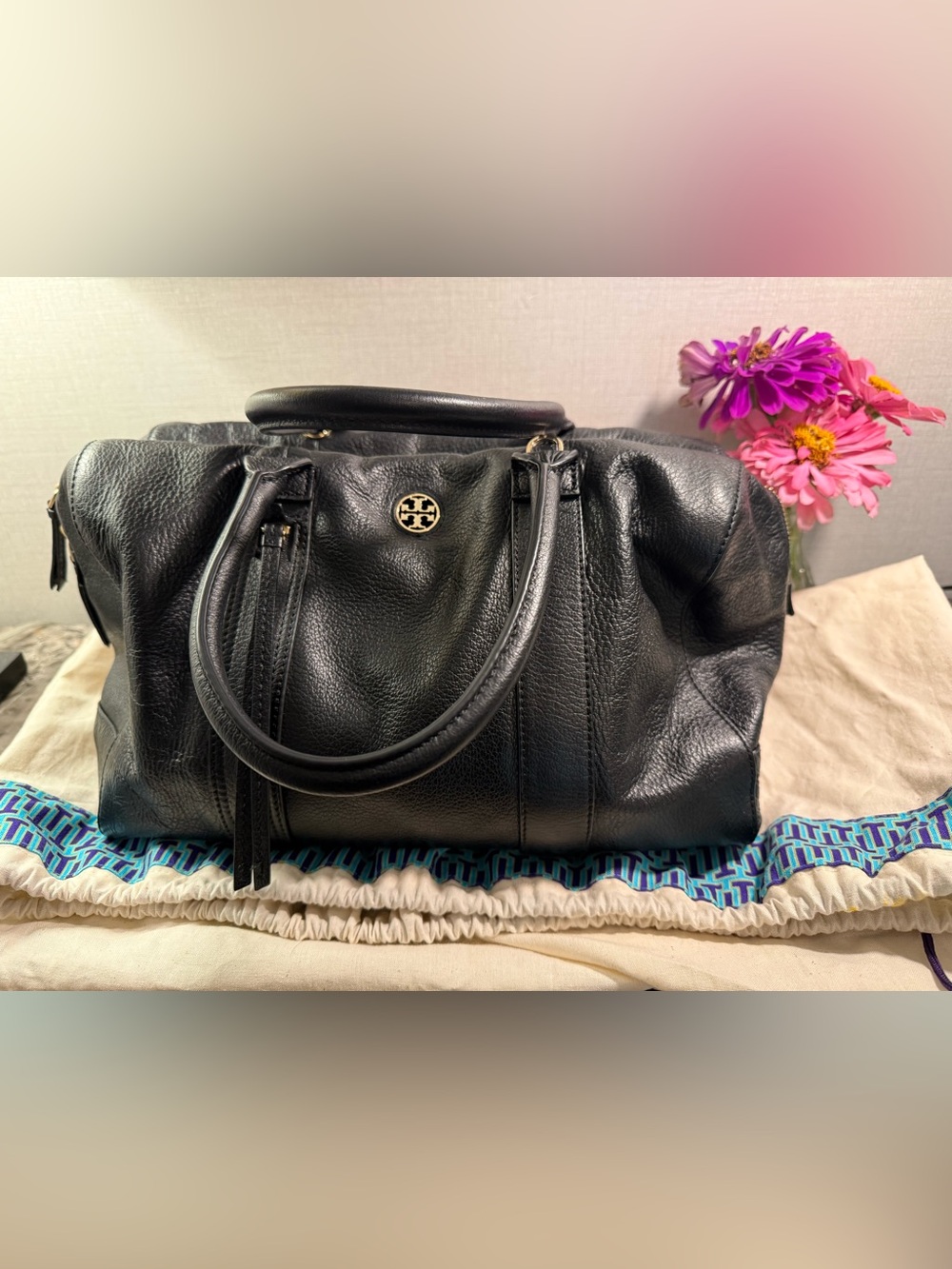 Tory Burch Black Pebbled Leather Satchel with Gold Logo